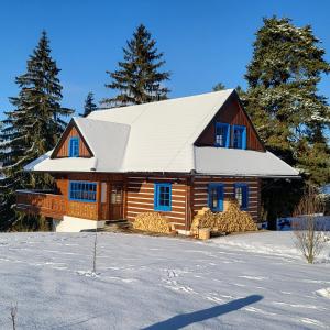 利普托斯基米库拉斯Tri borovice的雪中带白色屋顶的小木屋