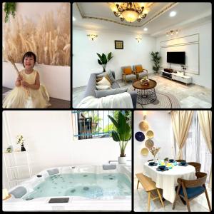 瓜埠QV Residence Langkawi - Jacuzzi, BBQ, & Steamboat的客厅里一张女人的照片