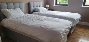 卡斯尔布莱尼The Haggard Self Catering Accommodation的一间卧室配有两张带白色棉被的床