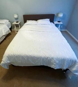 诺克斯维尔Beautiful Private West Knoxville Home 2700sf, 4 Beds, 2 & half Baths的卧室内的一张大白色床,配有两盏灯