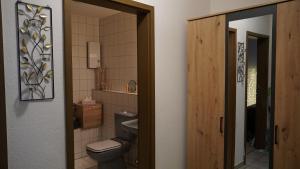 菲希特尔山区巴特贝内克Gemütliches Apartment in Bad Berneck的一间带卫生间和水槽的浴室