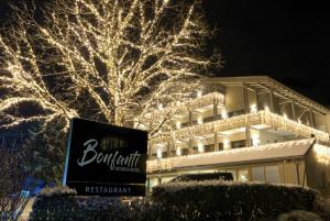 崔聂斯Bonfanti Design Hotel的树前有圣诞灯的建筑