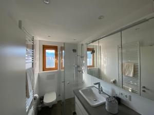 因斯布鲁克Gemütliche Wohnung mit Gartenblick的白色的浴室设有水槽和淋浴。