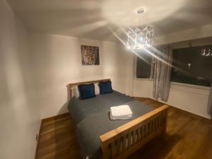 BramcoteBramcote 3 bedroom house的一间卧室配有一张带蓝色枕头的床和一扇窗户。