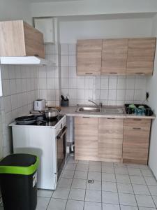 伊策霍City Centre Unterkunft的厨房配有木制橱柜和白色炉灶。