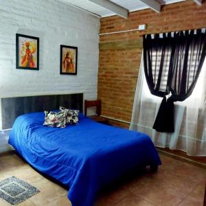 圣罗莎Cabaña Sarita的一间卧室设有蓝色的床和窗户。