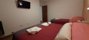 埃尔卡拉法特Apart HAMU的客房设有两张带红色床单的床和一台平面电视。