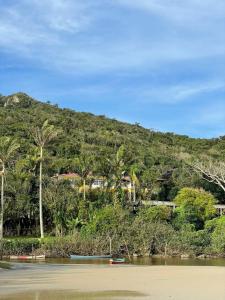 瓜尔达恩巴Moradas Dona Dalcema的享有棕榈树山和河流的景色