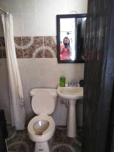 奥里萨巴Multialojamientos Pico de Orizaba的一间带卫生间、水槽和镜子的浴室