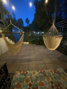 莱昂Magnolias Jardin & Boutique Suites的两个吊床在晚上挂在庭院上