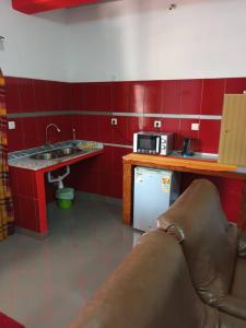 比绍HOTEL BADINCA Alojamento Low Cost in Bissau avenida FRANCISCO MENDES的红色的厨房配有水槽和微波炉