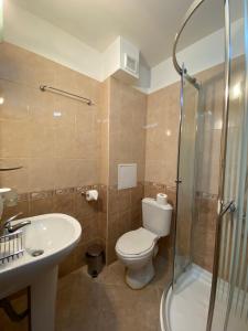 波罗维茨巴尔别墅酒店的浴室配有卫生间、盥洗盆和淋浴。