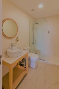 波瓦-迪瓦尔津ó Poboa Guesthouse的一间带水槽、卫生间和镜子的浴室