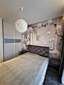 维尔纽斯Aurea apartment的一间卧室配有一张大床和吊灯。