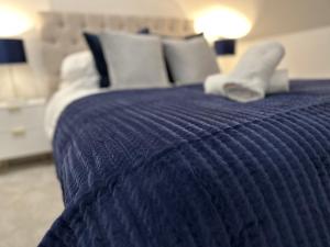 卡迪夫Stunning City Centre Apartments的一张带蓝色毯子和白色枕头的床