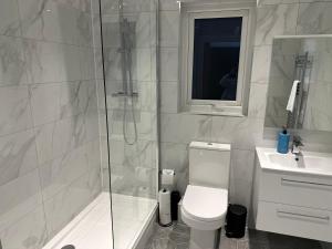 卡迪夫Stunning City Centre Apartments的带淋浴、卫生间和盥洗盆的浴室