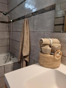 圣若瑟La Caz Anaïs avec jacuzzi的浴室在柜台上备有一篮毛巾