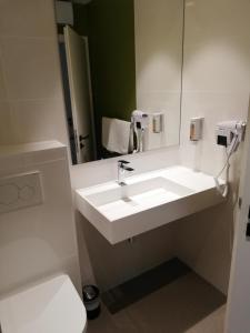 斯特拉斯堡Le Kléber Hôtel的浴室设有白色水槽和镜子
