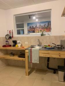 波哥大Confortable Apartaestudio的厨房配有水槽和带窗户的台面