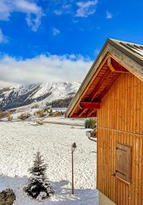 艾尔比蒙通VVF Résidence Albiez-Montrond Maurienne的雪中木结构建筑,有圣诞树