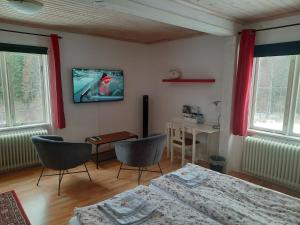 哈格福什Geijersholms Herrgård的一间房间,配有两把椅子和墙上的电视