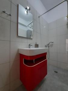 科莫蒂尼Two bedroom modern apartment的一间带红色水槽和镜子的浴室