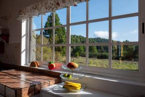 蓬塔利亚纳CASA ALBA, casa rústica en la colina con piscina-spa climatizada y vistas al mar的厨房里的一个窗户,柜台上放着一盘水果