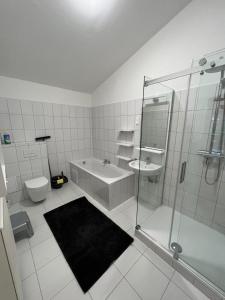 巴特塔茨曼斯多夫Pannonia Appartements的带淋浴、浴缸和盥洗盆的浴室