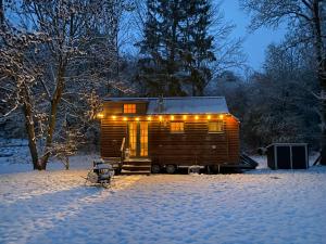 CaldenGrimmwald Tiny House的雪上带灯的小木屋