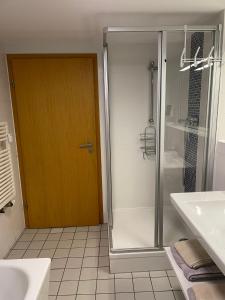 爱尔福特Altstadtwohnung Kromers的浴室里设有玻璃门淋浴