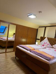 爱尔福特Altstadtwohnung Kromers的一间卧室配有一张带木制衣柜的床和一张四柱床。