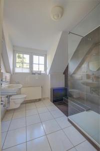 特赖斯-卡尔登Ferienwohnung Panorama Moselblick的浴室配有盥洗盆、卫生间和淋浴。