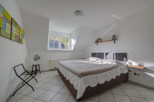 特赖斯-卡尔登Ferienwohnung Panorama Moselblick的一间卧室配有一张床和一把椅子
