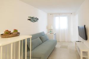 滨海波利尼亚诺A Casa di Elena的客厅配有蓝色的沙发和电视