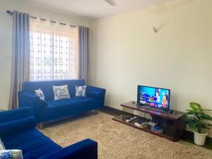 蒙巴萨Dala Heights的客厅配有蓝色的沙发和电视