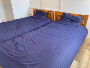 小樽Zenibako House 3F-RoomA的一张大床,配有紫色床单和蓝色枕头