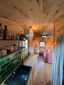 谬克Zirbenholz Tiny House "Waldhauszeit" am See的一个小房子的厨房和客厅