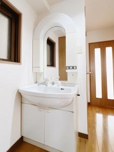 广岛PINE TREE HOTEL的白色的浴室设有水槽和镜子