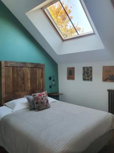 AmanlisGîte le talus的一间卧室配有一张带天窗的大床