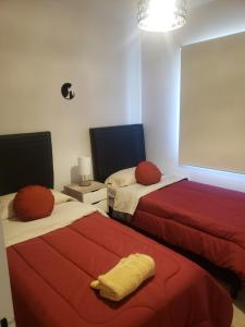卢汉德库约La Casita de Lujan的红色和白色的客房内的两张床