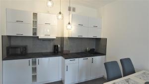 绿山城Apartament Silesia的白色的厨房配有白色橱柜和蓝色椅子