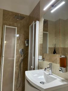 卡坦扎罗AGAS Exclusive Apartment的浴室配有盥洗盆和带镜子的淋浴