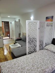 卡鲁德杰尔斯科巴尔Apartmani Lotos的一间卧室设有一张床和一间客厅。