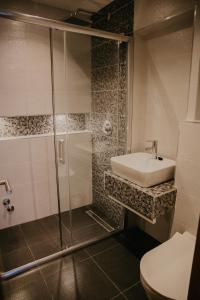 萨拉热窝Saray&App的带淋浴、盥洗盆和卫生间的浴室