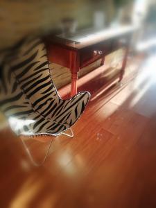马塞卢Cosy Garden的一张桌子下面的斑马印花椅