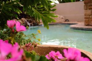 SandtonPerfectly located beauty in secure Estate的院子里的游泳池,有粉红色的花