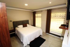 墨西哥城OSLO 5的卧室配有白色的床和窗户。
