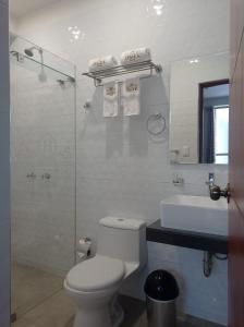 利马Hotel Cesar´s的白色的浴室设有卫生间和水槽。