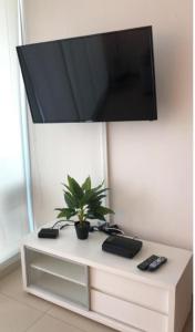 里奥阿托Playa Blanca Apartamentos的墙上的电视,梳妆台上放着植物