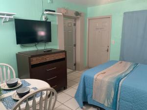 克利尔沃特Michaels Surfside Cabanas的一间卧室配有一张床和一台平面电视